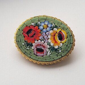 Micro Mosaic Italy Brooch Vtg Signed Green Gold Filigree Floral Flowers Ornate